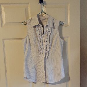 New York & Company Sleeveless Ruffle Button-Front Top - White Pinstripe